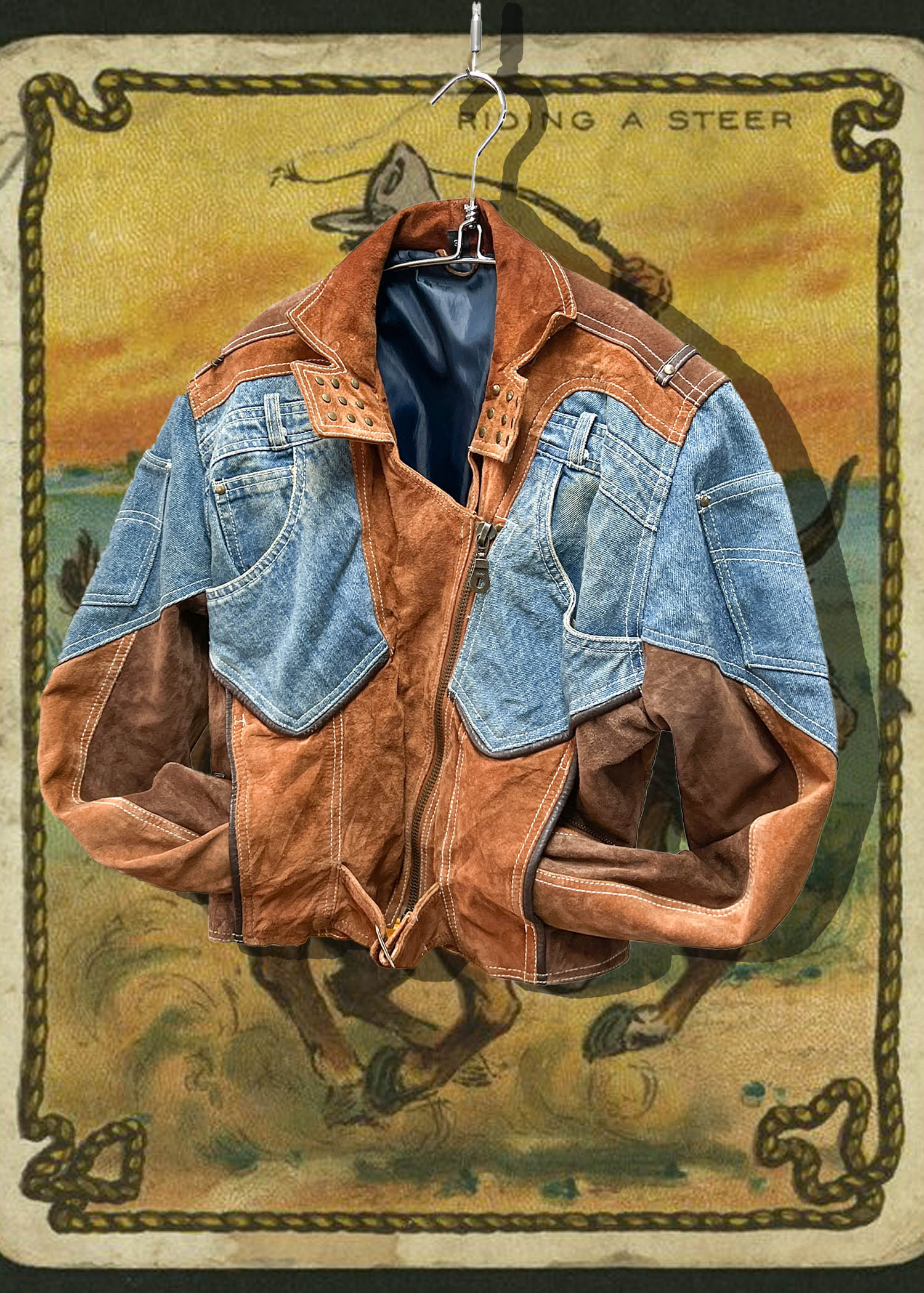 vintage leather &amp; denim mix jacket
